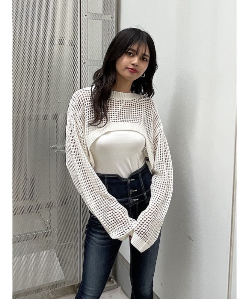 ENVYM（アンビー）の「クロップドメッシュニットＰＯ（ニット/セーター・レディース・ホワイト/オレンジ/ブラック・FREE）」の12枚目の写真