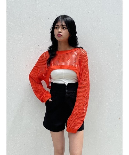 ENVYM（アンビー）の「クロップドメッシュニットＰＯ（ニット/セーター・レディース・ホワイト/オレンジ/ブラック・FREE）」の22枚目の写真