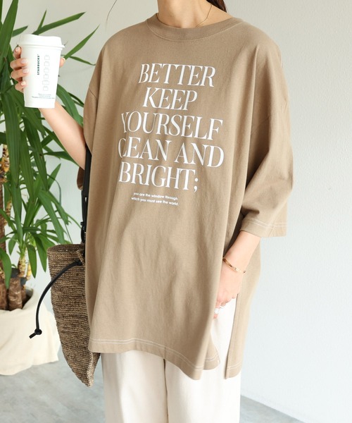 andme（アンドミー）の「コットン半袖オーバーサイズロゴプリントTシャツ（Tシャツ/カットソー・レディース・チャコールグレー/ベージュ/ネイビー/ホワイト×グリーン/ホワイト×グレー/ホワイト×パープル/パープル/ホワイト×ブラウン・M）」の7枚目の写真