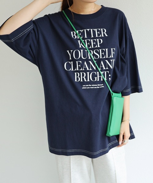 andme（アンドミー）の「コットン半袖オーバーサイズロゴプリントTシャツ（Tシャツ/カットソー・レディース・チャコールグレー/ベージュ/ネイビー/ホワイト×グリーン/ホワイト×グレー/ホワイト×パープル/パープル/ホワイト×ブラウン・M）」の8枚目の写真