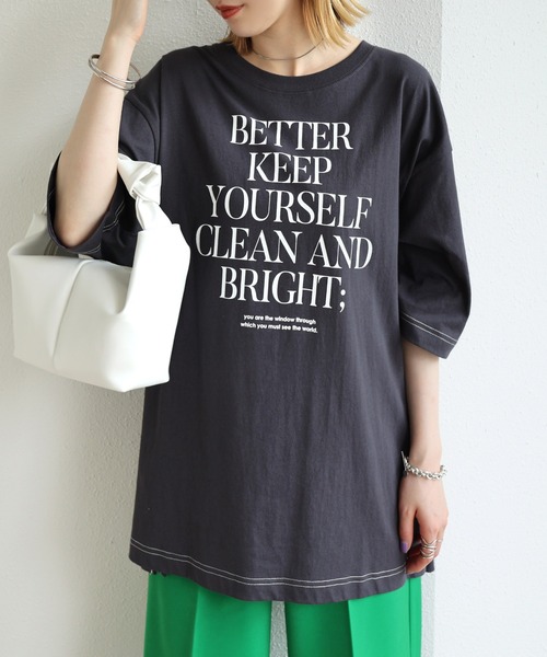 andme（アンドミー）の「コットン半袖オーバーサイズロゴプリントTシャツ（Tシャツ/カットソー・レディース・チャコールグレー/ベージュ/ネイビー/ホワイト×グリーン/ホワイト×グレー/ホワイト×パープル/パープル/ホワイト×ブラウン・M）」の21枚目の写真