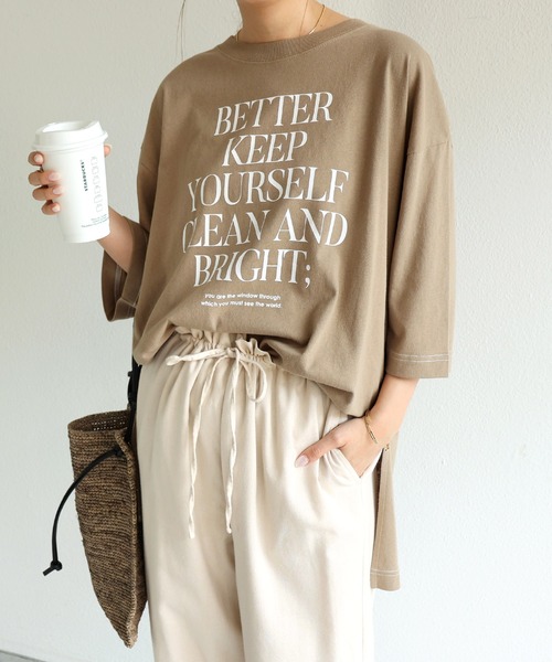 andme（アンドミー）の「コットン半袖オーバーサイズロゴプリントTシャツ（Tシャツ/カットソー・レディース・チャコールグレー/ベージュ/ネイビー/ホワイト×グリーン/ホワイト×グレー/ホワイト×パープル/パープル/ホワイト×ブラウン・M）」の10枚目の写真