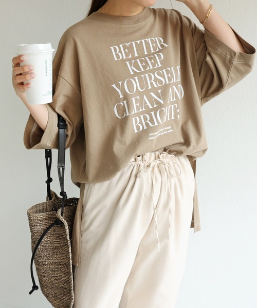 andme（アンドミー）の「コットン半袖オーバーサイズロゴプリントTシャツ（Tシャツ/カットソー・レディース・チャコールグレー/ベージュ/ネイビー/ホワイト×グリーン/ホワイト×グレー/ホワイト×パープル/パープル/ホワイト×ブラウン・M）」の9枚目の写真