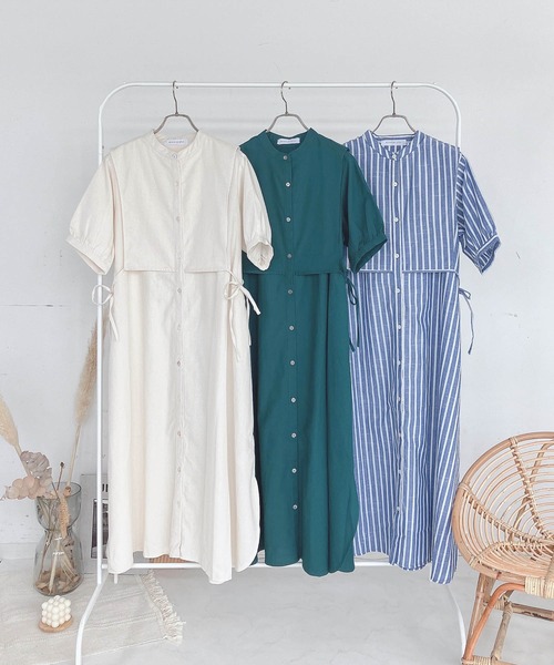 AS know AS グリーン シャツワンピース AS KNOW シャツワンピース異素材合わせてシャツワンピース