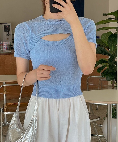 SONA(ソナ)の「SONA ユニーククロップ半袖ニット(ニット/セーター・レディース・スカイブルー/ブラック/アイボリー/ピンク・FREE)」の9枚目の写真