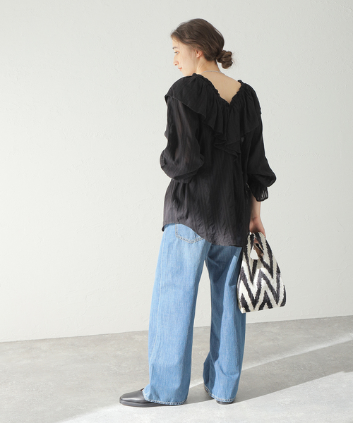 サラマリカ STRIPE JQD FRILL TOPブラウス ブラック フリル
