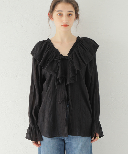 sara mallika（サラ マリカ）の「【SARA MALLIKA/サラマリカ】STRIPE JQD FRILL TOP：ブラウス（シャツ/ブラウス・レディース・ブラック/ブルー・FREE）」の11枚目の写真