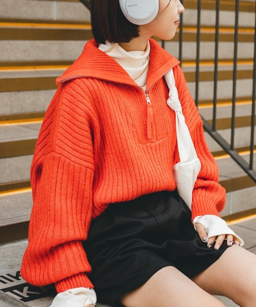 【オレンジ（70）】ハーフジップ長袖ニットプルオーバー nemne store（ネンネストア）の「【低身長用サイズあり / ぽてとかっ