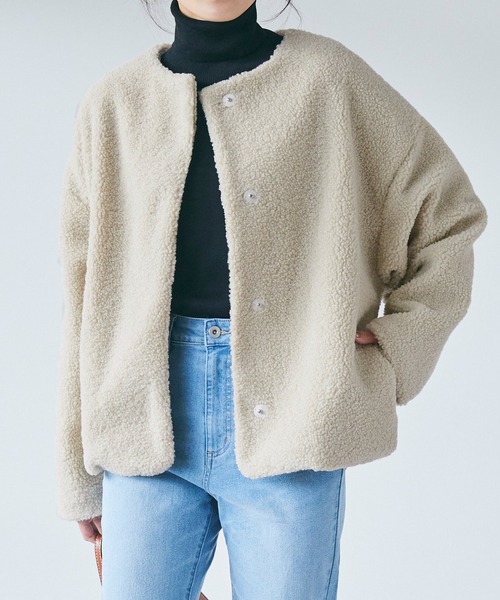 coca（coca）（コカ）の「＼新色登場／ノーカラーボアブルゾン（ブルゾン・レディース・グレー/ベージュ/ライトベージュ/ブラウン/アイボリー/ピンク/チャコール・M/L/S/XL）」の6枚目の写真