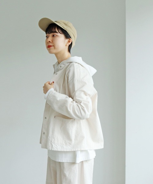 PAR ICI（パーリッシィ）の「オーガニックサッカー スタンドシャツジャケット (セットアップ対応)（ブルゾン・レディース・ネイビー/ベージュ/グリーン・FREE）」の18枚目の写真