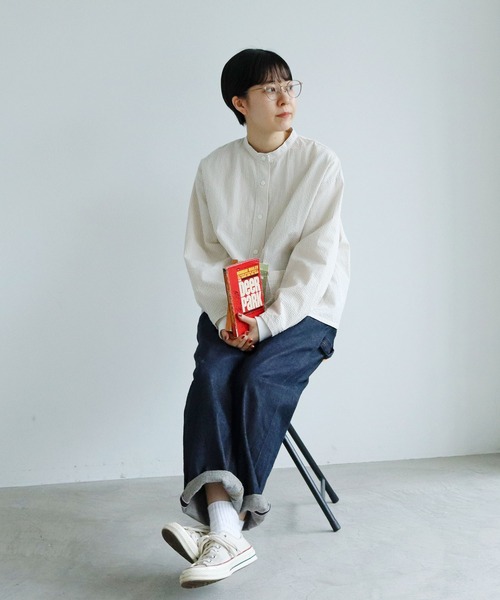 PAR ICI（パーリッシィ）の「オーガニックサッカー スタンドシャツジャケット (セットアップ対応)（ブルゾン・レディース・ネイビー/ベージュ/グリーン・FREE）」の14枚目の写真