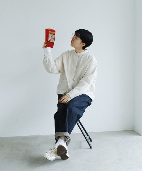 PAR ICI（パーリッシィ）の「オーガニックサッカー スタンドシャツジャケット (セットアップ対応)（ブルゾン・レディース・ネイビー/ベージュ/グリーン・FREE）」の15枚目の写真