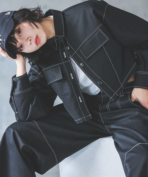 PAGEBOY(ページボーイ)の「ステッチワークショートジャケシャツ(シャツ/ブラウス・レディース・オフホワイト/ブラック/カーキ・FREE)」の3枚目の写真
