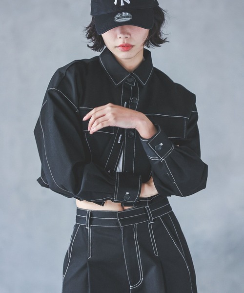 PAGEBOY(ページボーイ)の「ステッチワークショートジャケシャツ(シャツ/ブラウス・レディース・オフホワイト/ブラック/カーキ・FREE)」の6枚目の写真