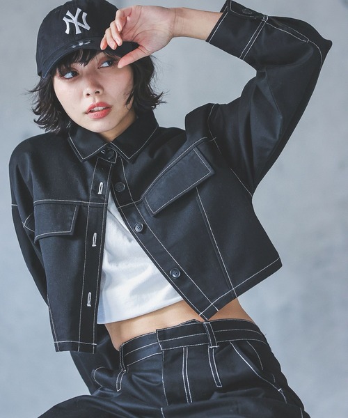 PAGEBOY(ページボーイ)の「ステッチワークショートジャケシャツ(シャツ/ブラウス・レディース・オフホワイト/ブラック/カーキ・FREE)」の9枚目の写真