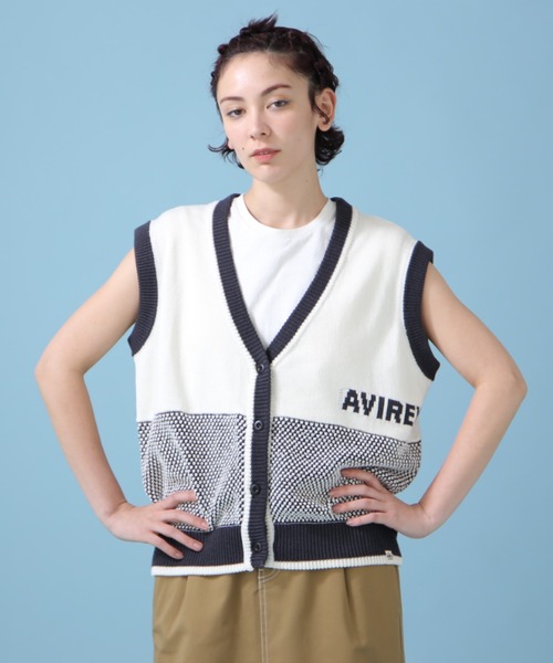 AVIREX（アヴィレックス）の「《WEB&DEPOT限定》ENTERING JACQUARDKNIT LINE VEST/ エンターリングジャカードラインベスト（ベスト・レディース・グリーン/チャコールグレー・FREE）」の2枚目の写真