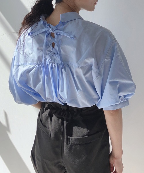 BPN ブラックピースナウ　バックリボン編み上げデザインアシメ半袖ブラウス AS KNOW AS plus（アズノゥアズプラス）の「〇バックリボン レース