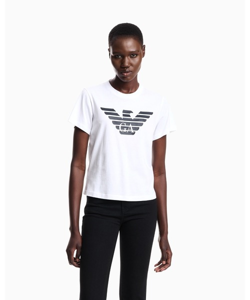 EMPORIO ARMANI(エンポリオアルマーニ)の「【エンポリオ アルマーニ】Tシャツ オーガニックジャージー ロゴプリント(Tシャツ/カットソー・レディース・ホワイト/ダークネイビー/ホワイト×ブラック/ブルー系その他・MEDIUM/SMALL/X-SMALL/LARGE/X-LARGE)」の1枚目の写真