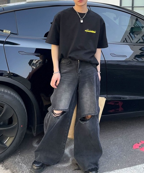 セール】side button damage denim pants/サイドボタン ダメージ