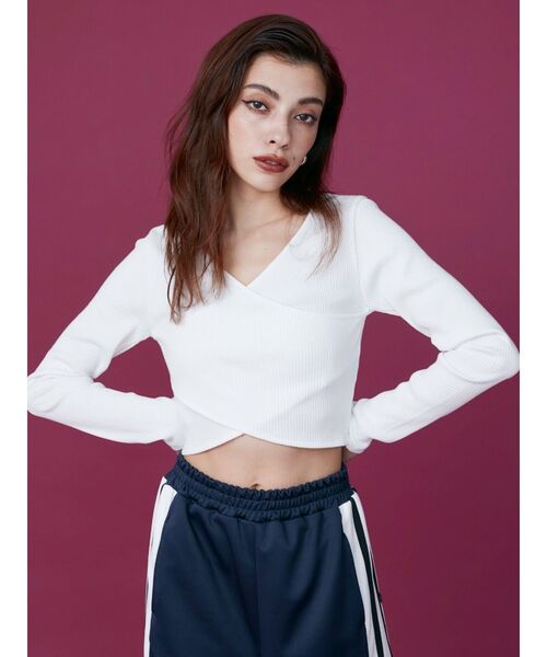 EVRIS（エヴリス）の「クロスリブクロップドトップス（Tシャツ/カットソー・レディース・イエロー/ブラック/ホワイト・FREE）」の2枚目の写真