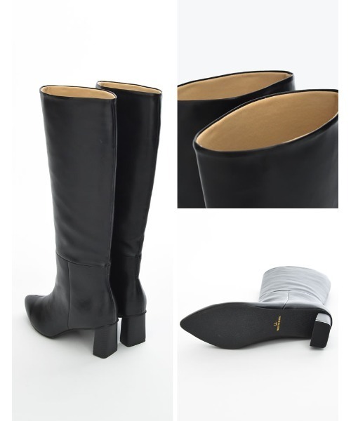 黒 レザー ロングブーツ 低ヒール ポインテッドトゥ セール】[大きいサイズ有]フェイクレザーポインテッドトゥヒールロング