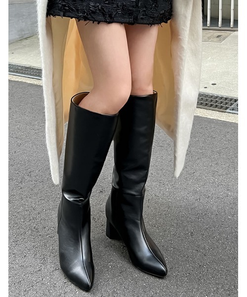 大きいサイズ有]フェイクレザーポインテッドトゥヒールロングブーツ