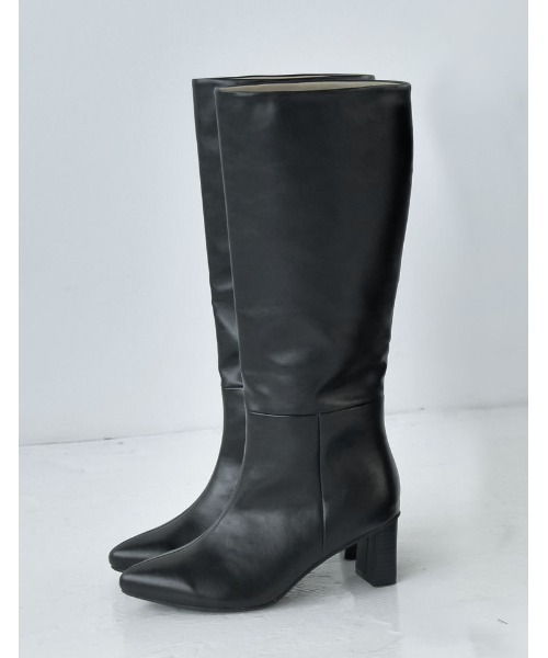 黒 レザー ロングブーツ 低ヒール ポインテッドトゥ 大きいサイズ有]フェイクレザーポインテッドトゥヒールロングブーツ
