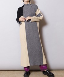 配色ハイネックリブニットワンピース