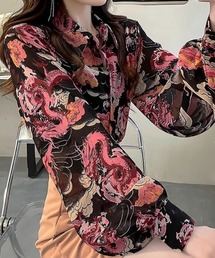 ビショップスリーブ総柄シフォンブラウス
