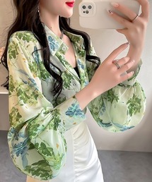 ビショップスリーブ総柄シフォンブラウス