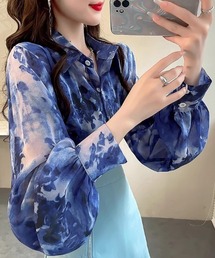 ビショップスリーブ総柄シフォンブラウス