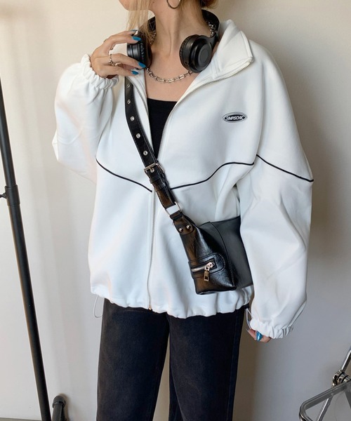 non-hedge（ノンヘッジ）の「パイピングシリコンロゴスタンドジャケット（パーカー・レディース・ブラック/オフホワイト/グレー・FREE）」の2枚目の写真