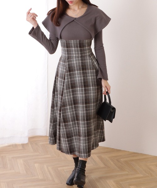 Lace Ladies（レースレディース）の「ビッグカラー チェック柄 ドッキング ロング ワンピース（ワンピース・レディース・グレー/ブラック/ブラウン・S/FREE）」の4枚目の写真