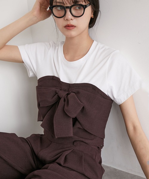 VIS(ビス)の「【接触冷感・洗える】美easyフロントリボンデザインプルオーバー(Tシャツ/カットソー・レディース・ネイビー/グレー/キナリ/ブラウン系その他/ブラウン/ピンク系その他2・FREE)」の4枚目の写真