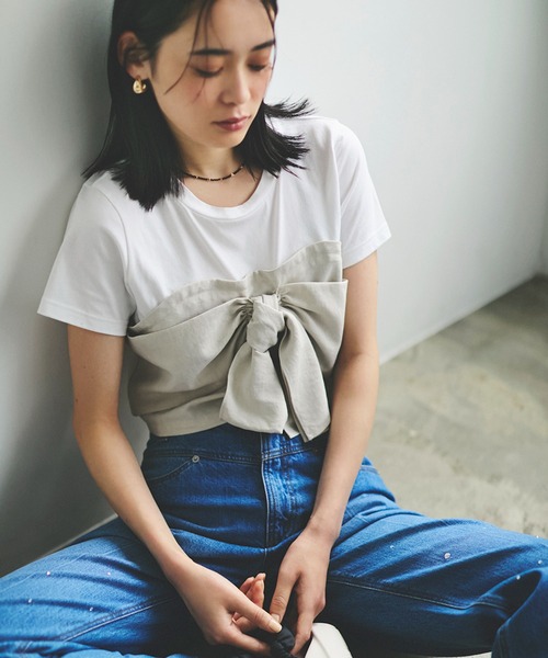 VIS(ビス)の「【接触冷感・洗える】美easyフロントリボンデザインプルオーバー(Tシャツ/カットソー・レディース・ネイビー/グレー/キナリ/ブラウン系その他/ブラウン/ピンク系その他2・FREE)」の2枚目の写真