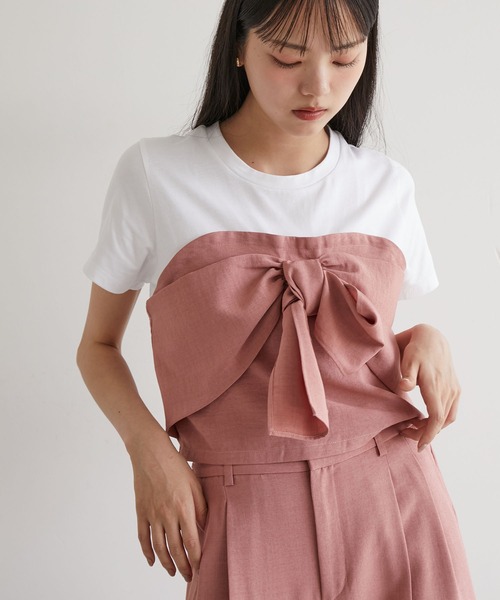 VIS(ビス)の「【接触冷感・洗える】美easyフロントリボンデザインプルオーバー(Tシャツ/カットソー・レディース・ネイビー/グレー/キナリ/ブラウン系その他/ブラウン/ピンク系その他2・FREE)」の1枚目の写真