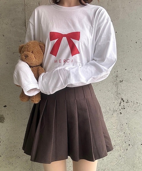 cuorequal(クオレコール)の「MERCIリボンプリントロングTシャツ(Tシャツ/カットソー・レディース・ホワイト・MEDIUM/LARGE)」の3枚目の写真