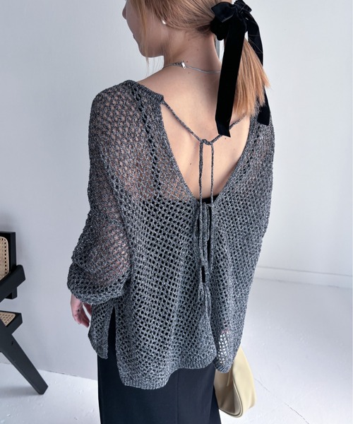 EPIMI E'PIMMY（エピミエピミー）の「【マルチウェイ】ラメリボンメッシュニット（カーディガン/ボレロ・レディース・ブラック/イエロー/グレー/オフホワイト・MEDIUM）」の3枚目の写真