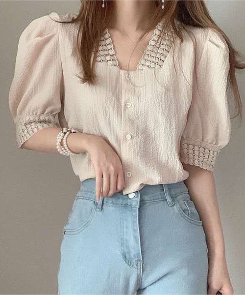 BLANC FICELLE(ブランフィセル)の「襟、袖口レース 半袖シャツ(シャツ/ブラウス・レディース・ベージュ/ホワイト・S/M/L)」の7枚目の写真