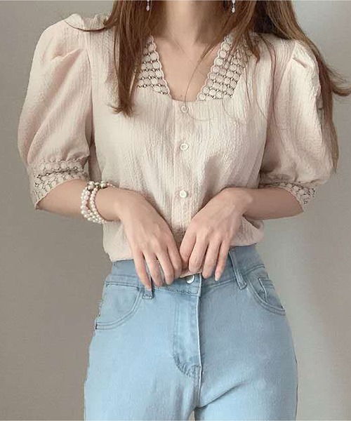BLANC FICELLE(ブランフィセル)の「襟、袖口レース 半袖シャツ(シャツ/ブラウス・レディース・ベージュ/ホワイト・S/M/L)」の8枚目の写真