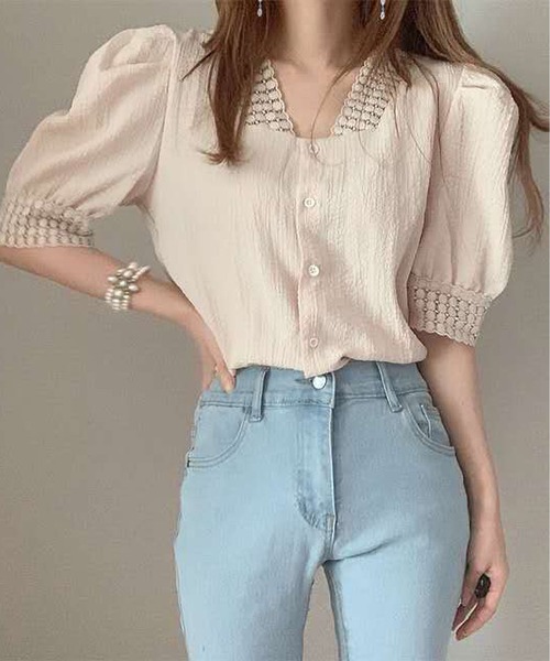 BLANC FICELLE(ブランフィセル)の「襟、袖口レース 半袖シャツ(シャツ/ブラウス・レディース・ベージュ/ホワイト・S/M/L)」の9枚目の写真