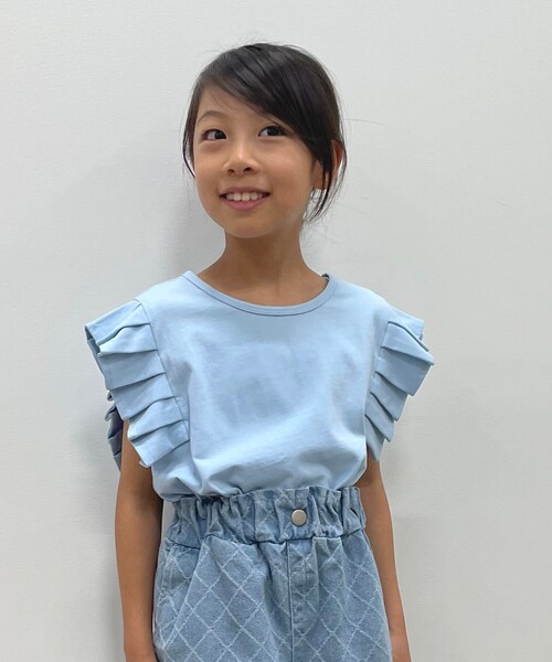SHOO・LA・RUE(シューラルー)の「◆【110-140cm】袖タックデザイントップス(Tシャツ/カットソー・キッズ・オレンジ/ライトグリーン/ブラック/サックスブルー・11/12/13/14)」の5枚目の写真