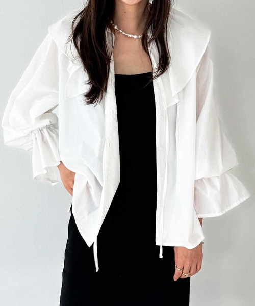 GeeRA(ジーラ)の「ビッグフリルカラーブラウス(シャツ/ブラウス・レディース・オフホワイト/ブラック・LARGE/MEDIUM)」の14枚目の写真