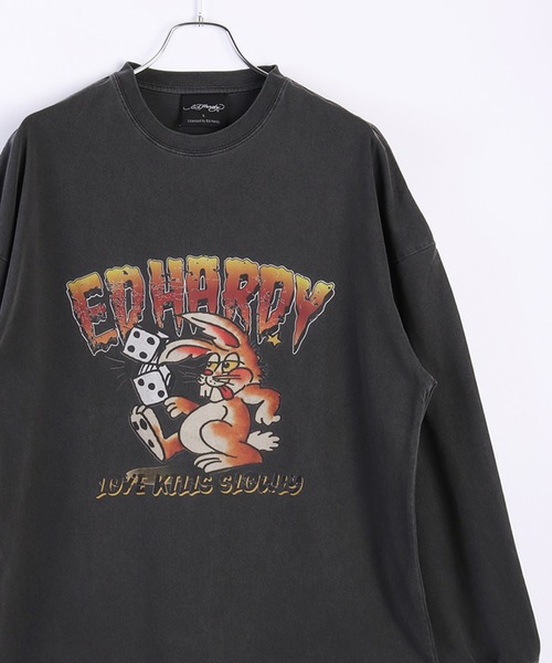 Ed Hardy(エドハーディー)の「EdHardy ピグメント加工 ロンTEE ラビット×ダイス(Tシャツ/カットソー・メンズ・チャコール/ブラック・M/L)」の2枚目の写真