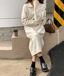 スキッパーニットロングワンピース