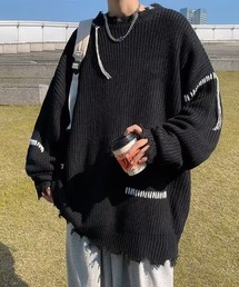 メンズ厚手ヴィンテージ ダメージ風 長袖ニット