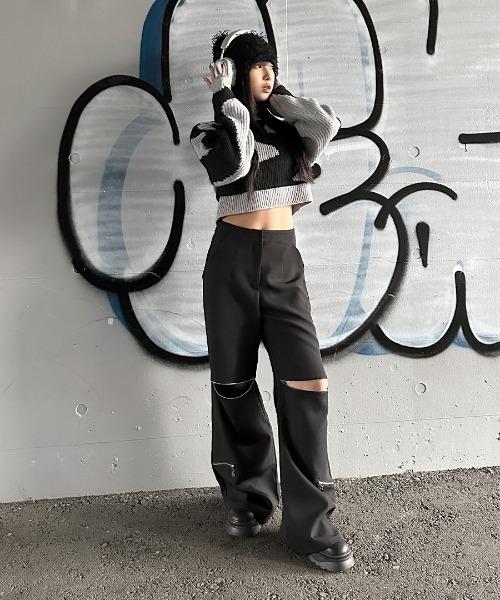 LVEU.(ラブユ.)の「【LVEU.】マーブルクロップドニット / トップス ニット マーブル 総柄 バイカラー クロップド ショート ローゲージ グレー ブルー パープル(ニット/セーター・レディース・パープル/グレー/ブルー・FREE)」の8枚目の写真