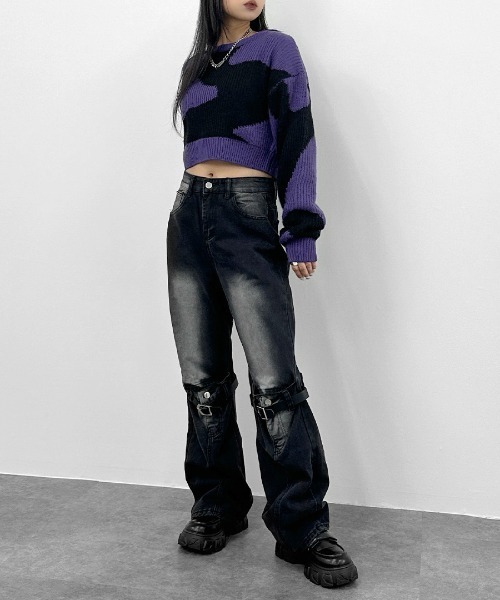 LVEU.(ラブユ.)の「【LVEU.】マーブルクロップドニット / トップス ニット マーブル 総柄 バイカラー クロップド ショート ローゲージ グレー ブルー パープル(ニット/セーター・レディース・パープル/グレー/ブルー・FREE)」の11枚目の写真