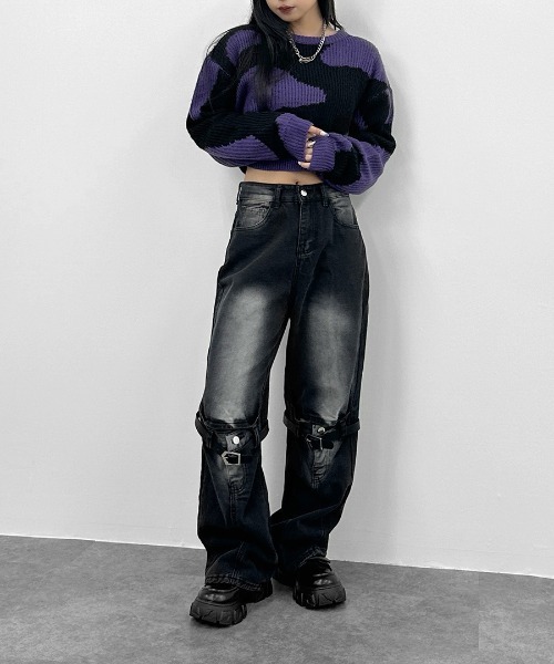 LVEU.(ラブユ.)の「【LVEU.】マーブルクロップドニット / トップス ニット マーブル 総柄 バイカラー クロップド ショート ローゲージ グレー ブルー パープル(ニット/セーター・レディース・パープル/グレー/ブルー・FREE)」の12枚目の写真