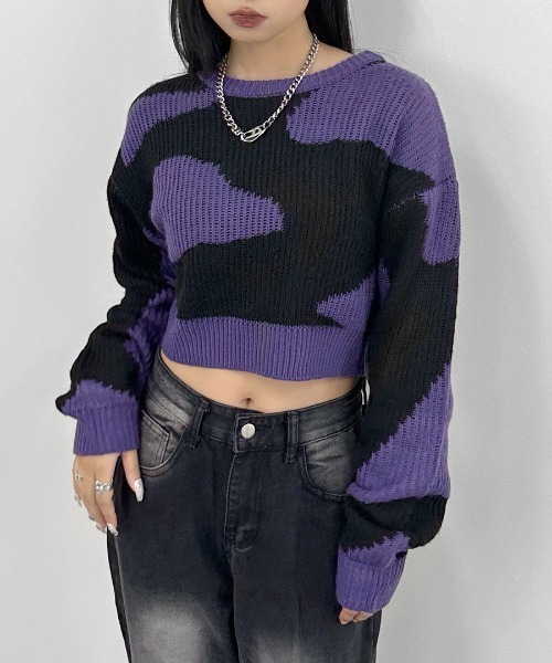 LVEU.(ラブユ.)の「【LVEU.】マーブルクロップドニット / トップス ニット マーブル 総柄 バイカラー クロップド ショート ローゲージ グレー ブルー パープル(ニット/セーター・レディース・パープル/グレー/ブルー・FREE)」の14枚目の写真